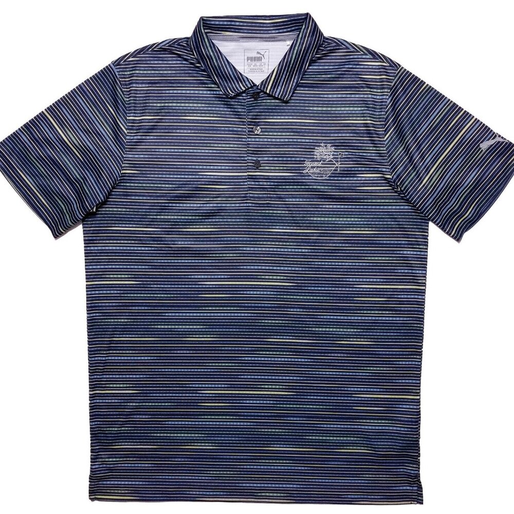 PUMA‎ Short Sleeve Polo Shirt Forest Lake Golf Club Blue Green Striped Medium M
